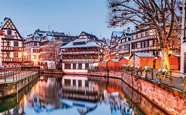 A view down a Strasbourg canal in winter, France